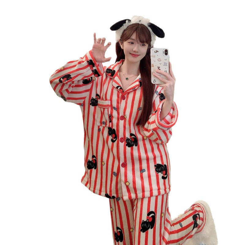 法兰绒睡衣女秋冬季新款韩系卡通条纹长袖加厚保暖少女家居服套装|undefined