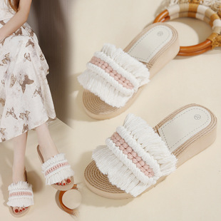 Thai Tassel Straw Shoes Xia New All-match Fashionable Outdoor Non-slip Slippers Bohemian Women's Shoes Mao Mao Shoes