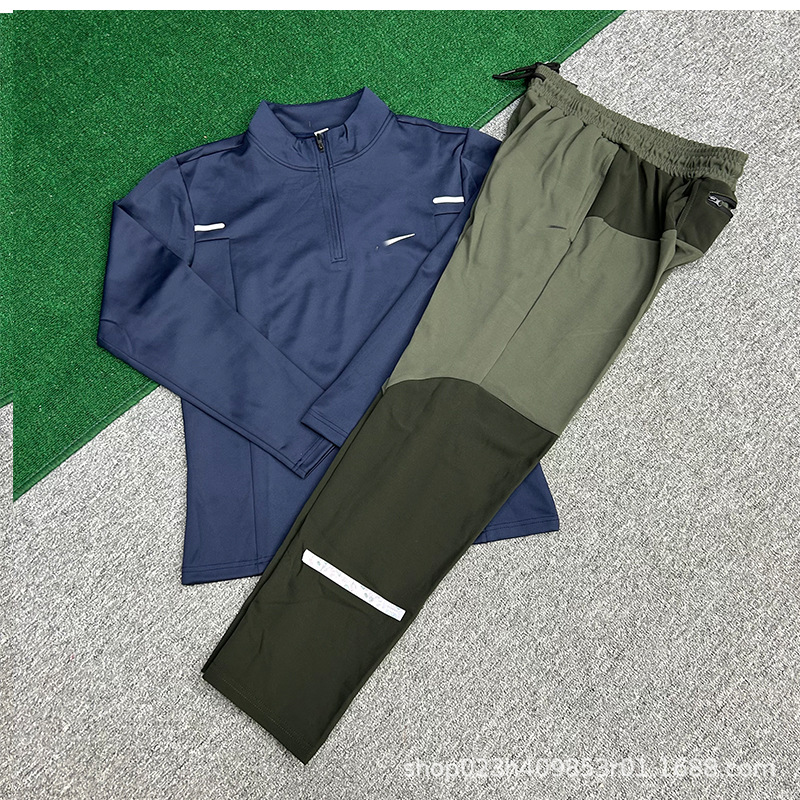 Primavera y otoño marca de moda rápida secado deportivo manga larga set de hielo transpirable medio cuello de altura cremallera entrenamiento de ocio pantalones largos