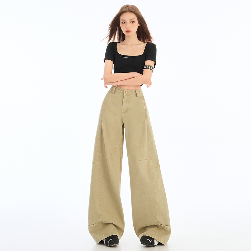 橙绢女装#卡其色复古弯刀牛仔裤女宽松拖地休闲直筒美式阔腿裤子|undefined