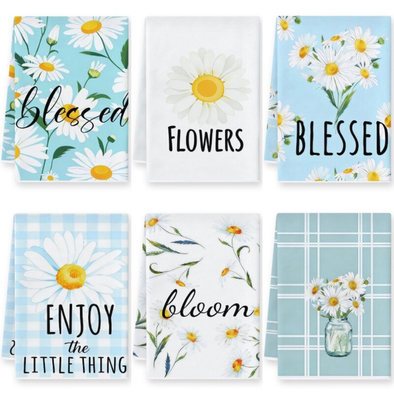 Cross-Border Small Daisy Kitchen Towel Set with Plaid Floral Slogan Decoration, Household Absorbent Cleaning Cloth with Label
