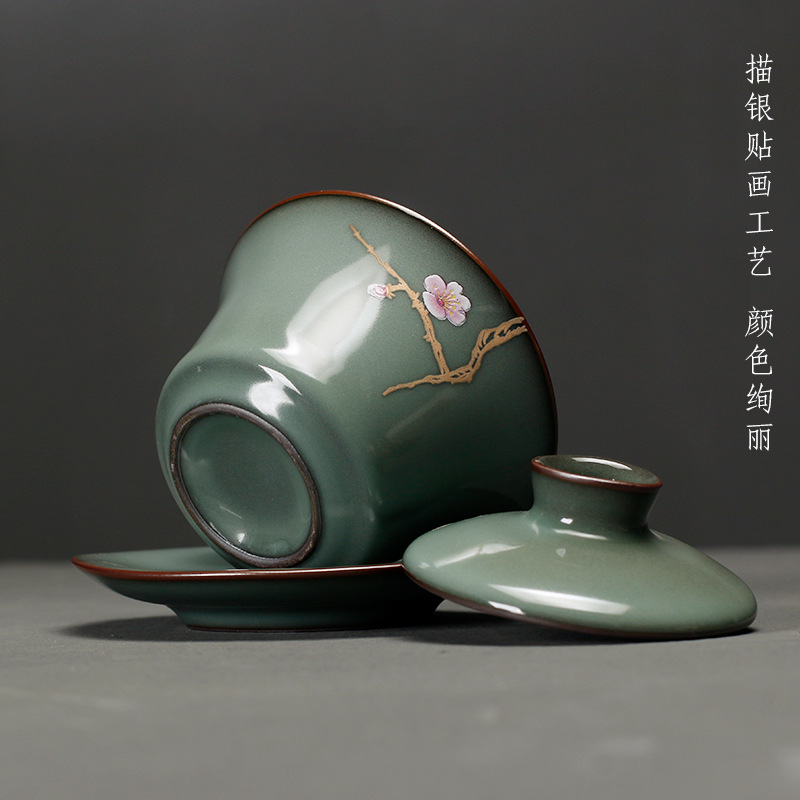 Horno oficial celadón pintado a mano para hacer té cubierta de tres piezas La apertura del Tazón puede elevar el hogar Juego de té de Kung Fu japonés tazón de té de cerámica individual