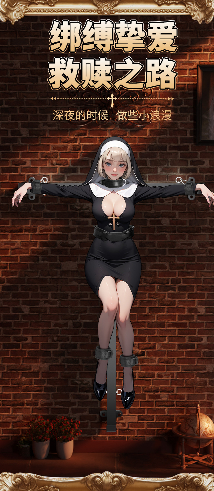 Adult Couple Bondage Restraint Set with Handcuffs, Cross Design, Black Metal and Foam — detail image 18