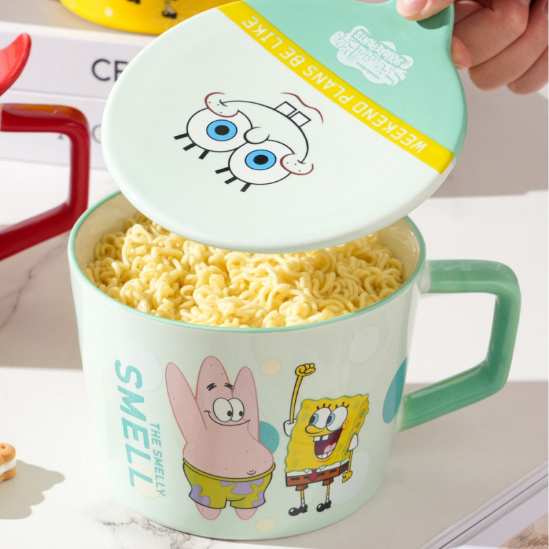 Bob Esponja cerámica con cubierta de espuma taza de fideos tazón set de cubiertos pareja casero regalo de cumpleaños inwind