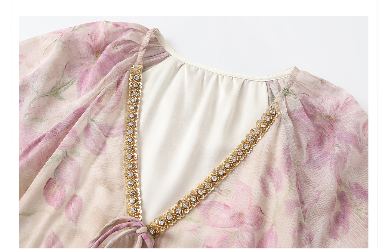 Áo kiểu nữ cổ V tay lồng đèn chất liệu chiffon phong cách Trung Hoa đính đá — màu tím nhạt chi tiết 18