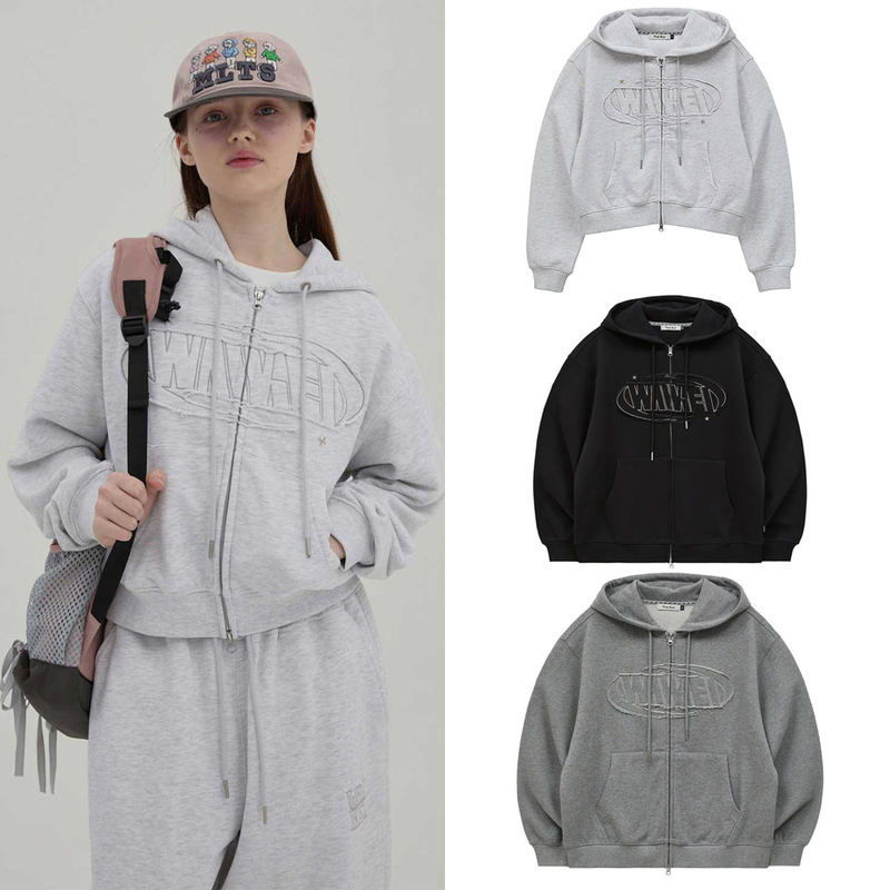 Korean Niche Trendy Brand Waikei Hooded Sweatshirt for Women, Retro Letter Patch Zipper Jacket for Men, Same Style as Kim Min-Ki