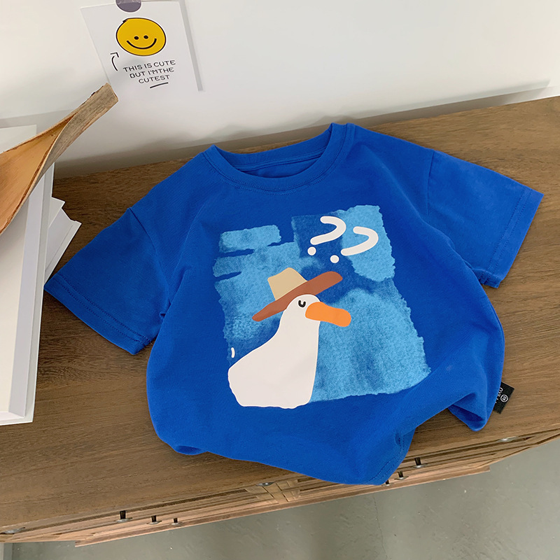 Boys' T-shirt Summer Cartoon Klein Blue Children's Wear Children's Loose Short-sleeved Pure Cotton Western Style Handsome All-match Trendy