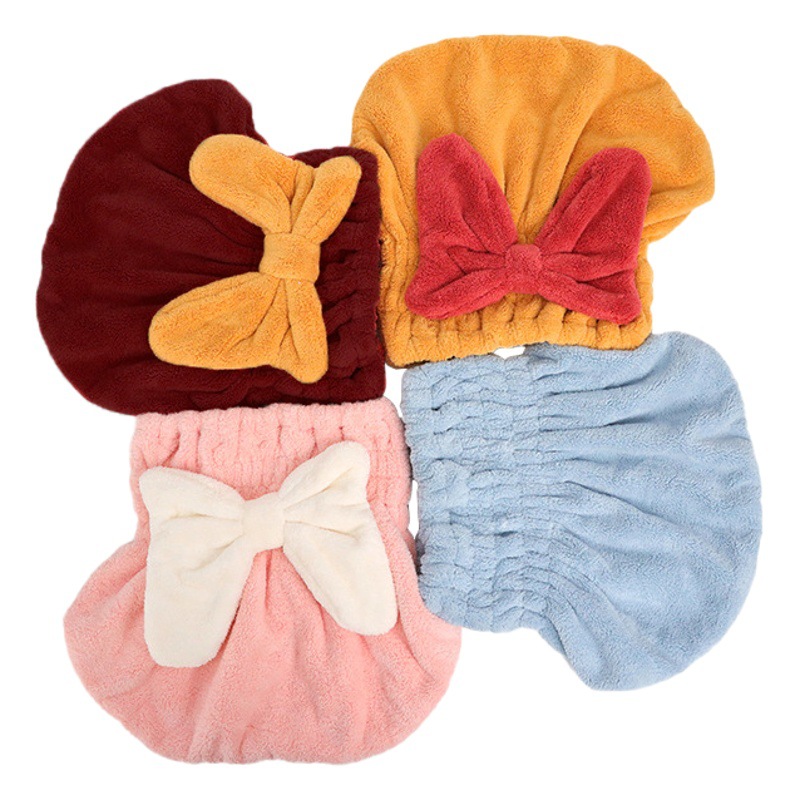 3W In-Stock High-Quality Bow Hair Drying Cap, Absorbent Quick-Drying Hair Towel, Shower Cap for Washing Hair, Smooth Coral Fleece