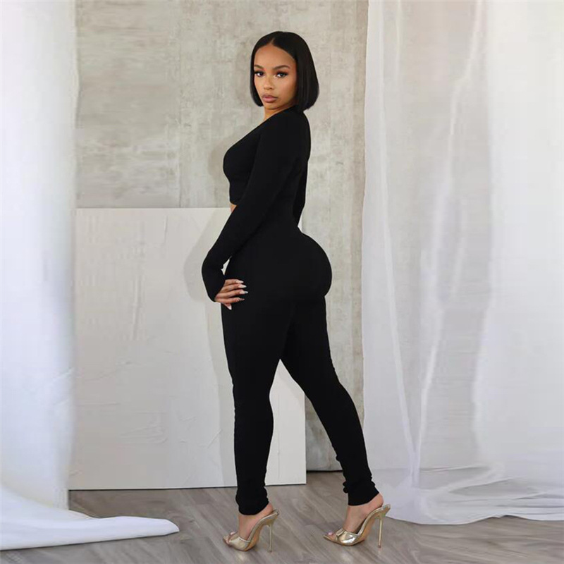 Mono deportivo sexy de otoño e invierno con escote en V profundo, ajustado, de manga larga y color liso para mujer