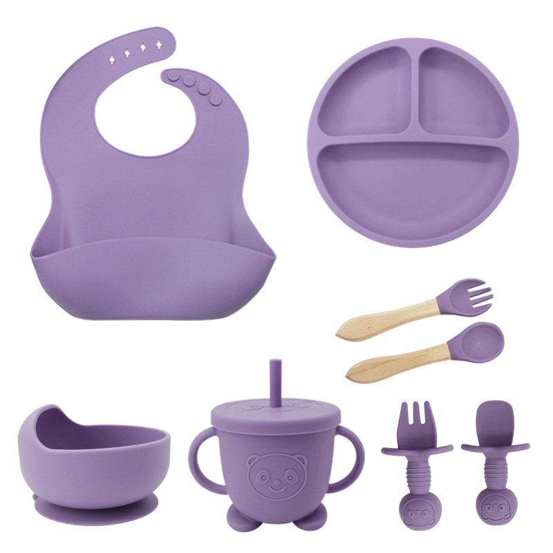 Eight-piece set (115g Bib + suction cup + bowl + straw cup + wooden fork spoon + bear fork spoon): dark purple
