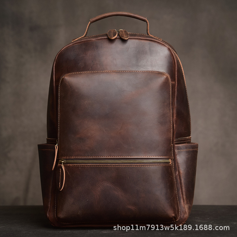 Men's Vegetable-Tanned Leather Travel Backpack, First-Layer Cowhide, Fashionable Business Casual Large-Capacity School Bag, Men's Genuine Leather