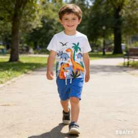 夏季新品男童针织棉套装欧美风幼童卡通恐龙印花短袖套头两件套