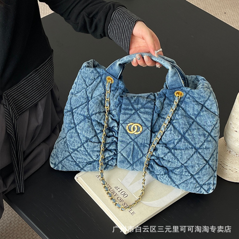 小香风菱格水洗牛仔布蝴蝶结腋下包2025新款高质感百搭单肩手提包|undefined