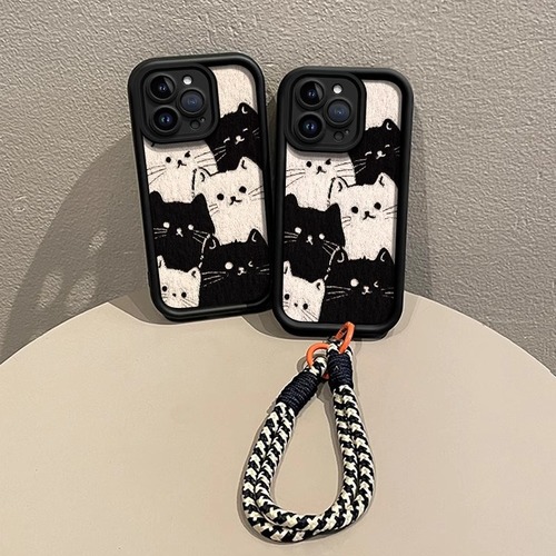 Screen-Filling Black and White Cartoon Cat Phone Case for Xiaomi 15 Pro, Redmi K80 Lanyard, NOTE 13 Stereo Relief