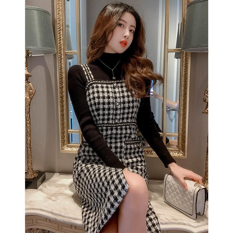 轻奢毛呢格子吊带裙两件套小香春秋气质女神范修身背带连衣裙套装|undefined