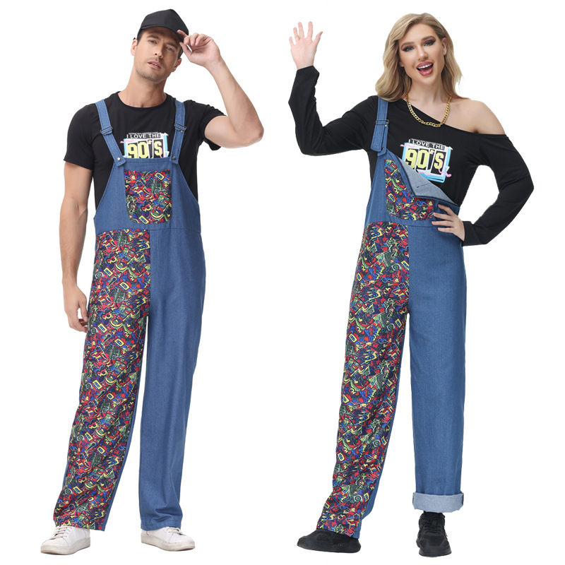 Halloween Couple Dress Stitching Strap Pants 90 s Vintage Disco cosplay Stage Performance Costume