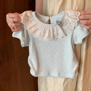 Girls' Summer Short-sleeved T-shirt 2025 New Arrival Girls' Fashionable Stylish Lace Doll Collar Half-sleeved Top