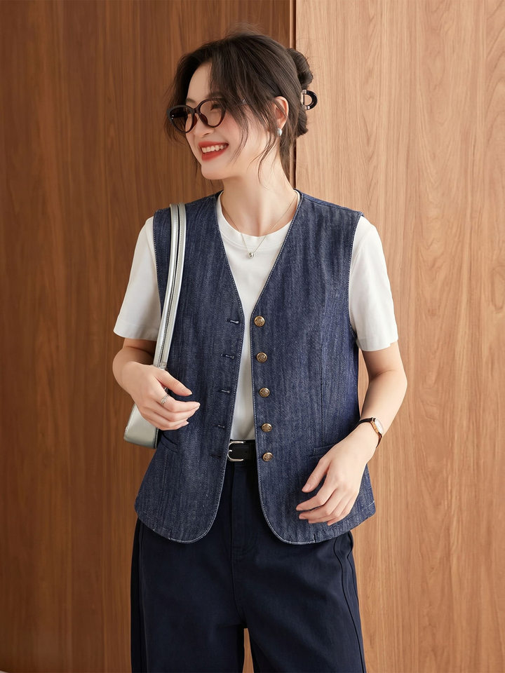 Áo vest denim nữ cổ chữ V phong cách retro, áo khoác mặc ngoài dáng suông dài 50–65 cm — Xanh cổ điển