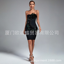 欧美跨境时尚抹胸礼服羽毛设计性感露肩绷带连衣裙Bandage dress