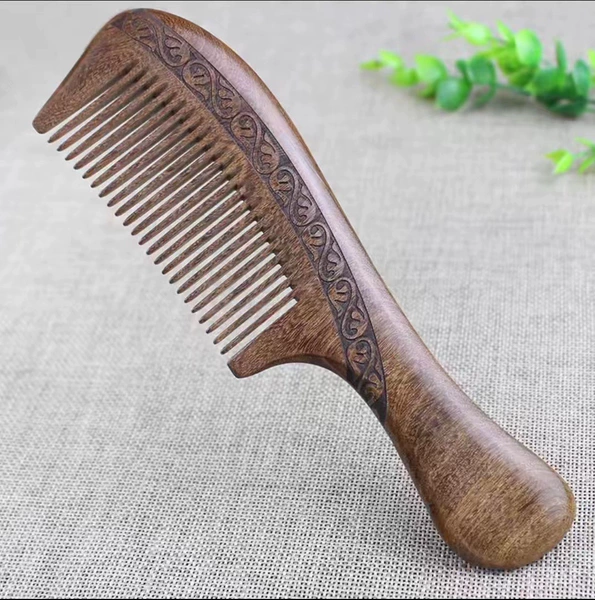 Black gold sandalwood double-sided carved round handle comb with fine teeth