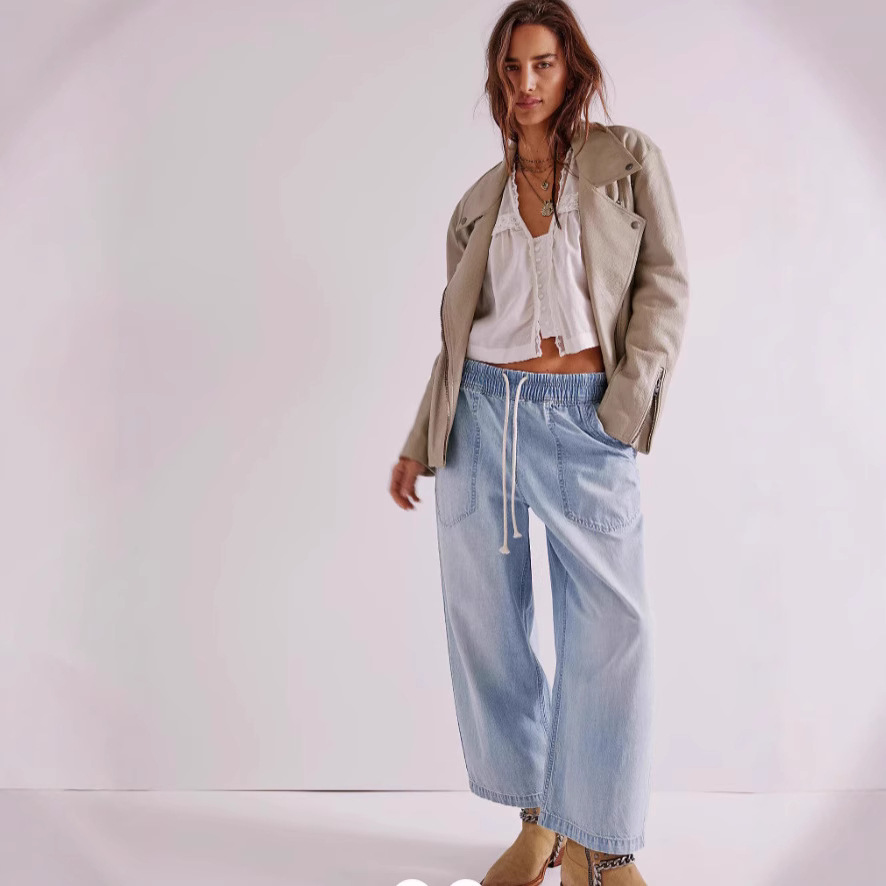 Cross-border supply Europe and the United States foreign trade leisure loose wide leg drawstring jeans women's jeans