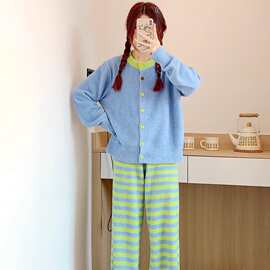 韩版高级拼色珍贝绒睡衣女冬季新款加厚保暖家居服日式套装可外穿