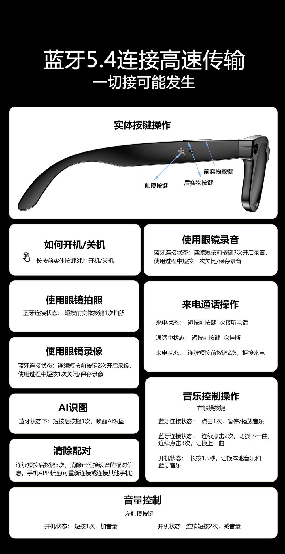 2025智能眼镜800W像素AI拍摄摄像头高清拍照录像语音通话翻译眼镜