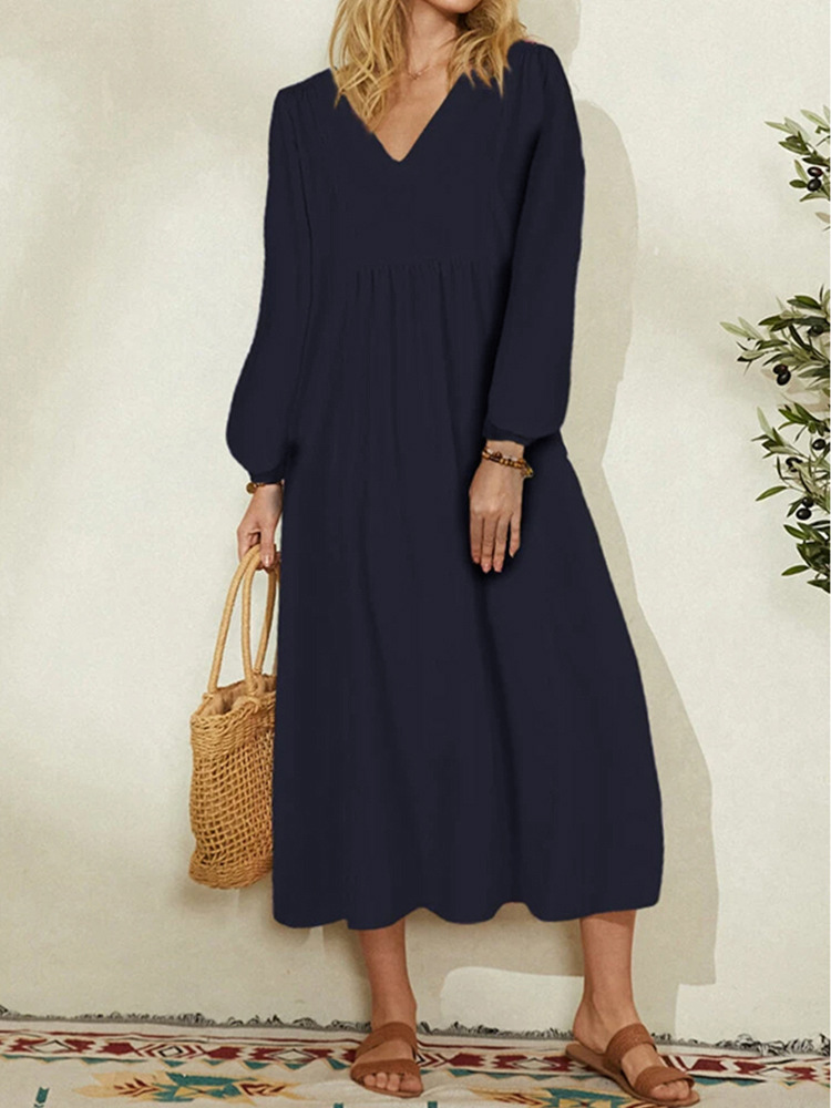 2025 Autumn New Clothing Fashion Women's Cotton Linen Loose Lantern Sleeve European And American Dress_ecoleips.com