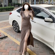 高冷御姐风法式气质v领抽绳修身显瘦包臀性感开叉长款连衣裙夏季