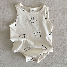 韩国进口新生婴儿可爱笑脸薄棉连体哈衣宝宝夏季三角爬服背心其它