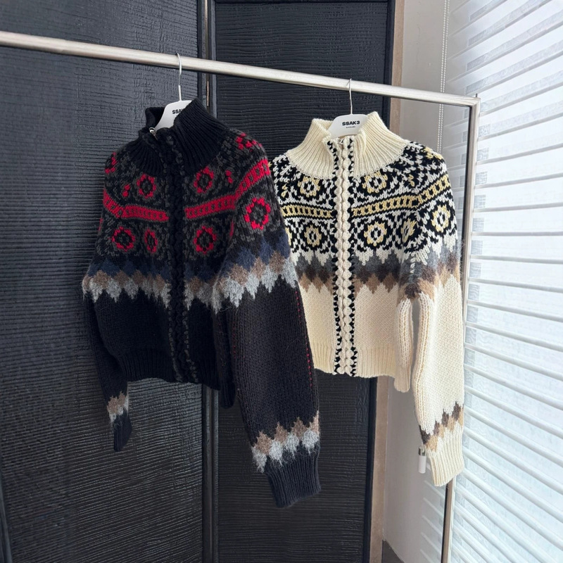 In stock yy26 early autumn new Fair Isle jacquard zip-up jacket knitted cardigan top sweater coat for women In stock yy26 early autumn new Fair Isle jacquard zip-up jacket knitted cardigan top sweater coat for women