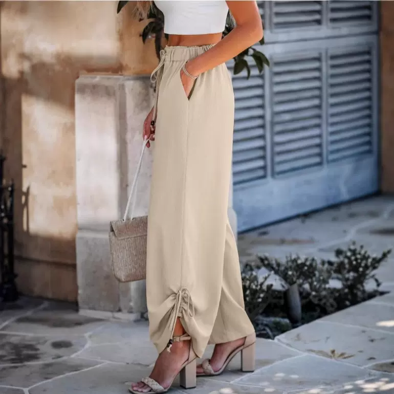 亚马逊跨境抽绳系带灯笼裤欧美女装2025高腰女裤纯色显瘦休闲裤