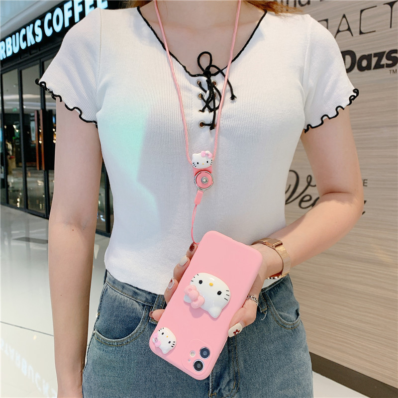 Foreign Trade Suitable for Apple 16 Hello Kitty Mobile Phone Case Stereo Cartoon Iphone15 Cute Soft Female Lanyard