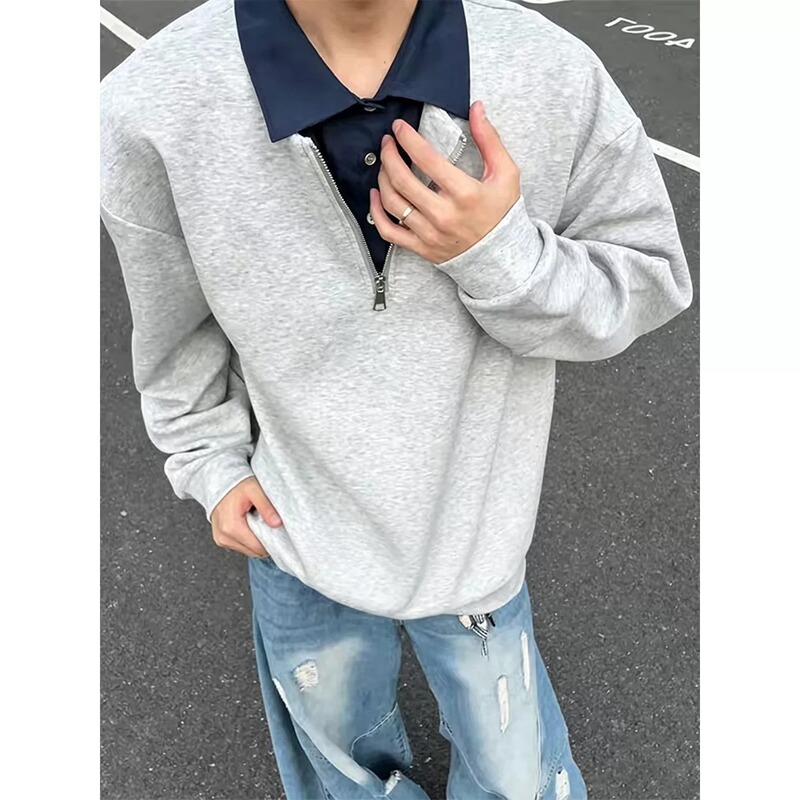 American-style faux two-piece half-zip polo sweatshirt for men, autumn color-blocking long-sleeve Polo shirt with a stylish design American-style faux two-piece half-zip polo sweatshirt for men, autumn color-blocking long-sleeve Polo shirt with a stylish design