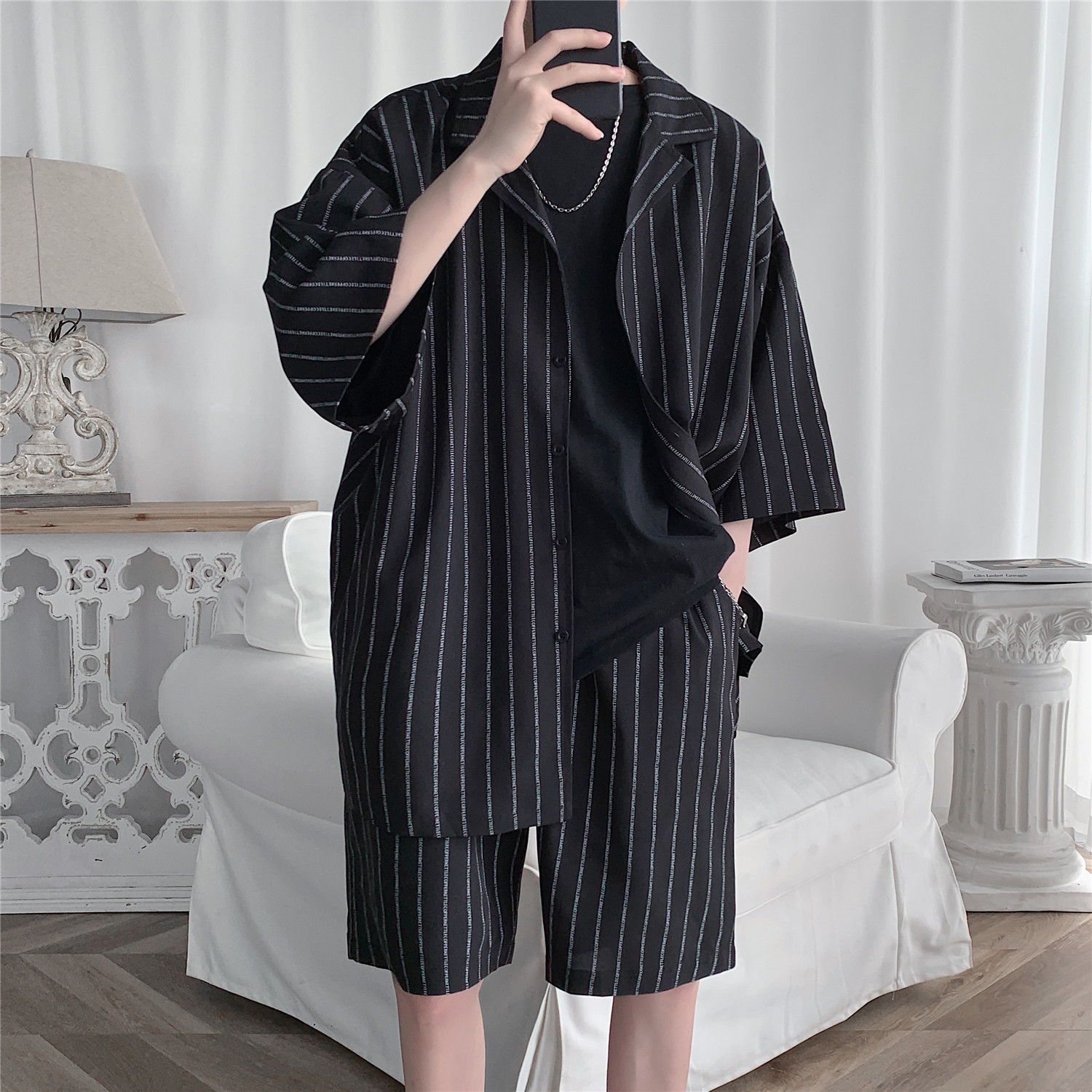 Summer Striped Short-sleeved Suit Men's Half-sleeved Shirt Fashionable Loose Shorts Men's Large Size Two-piece Casual Wear