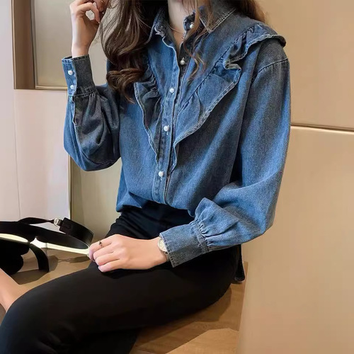 Spring New Korean Style Sweet Hemmed Denim Shirt for Women Loose and Slimming Long-Sleeved Top Under Shirt Trendy