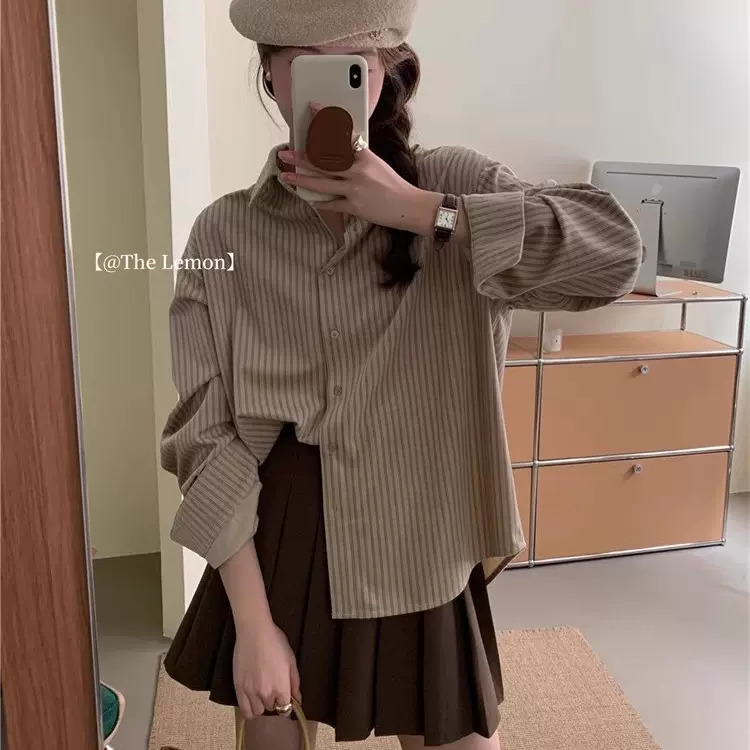 春秋季日系复古cityboy长袖衬衫男痞帅外套条纹港风内搭叠穿衬衣