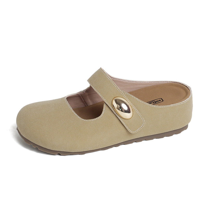 Dép nửa gót Mary Jane nữ mũi tròn mềm mại, đế dày tăng chiều cao 5 cm — Kaki (nửa kéo), Màu vàng (nửa dép)