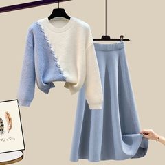 大码女装秋冬季套装女2025新款宽松圆领针织毛衣显瘦半身裙两件套