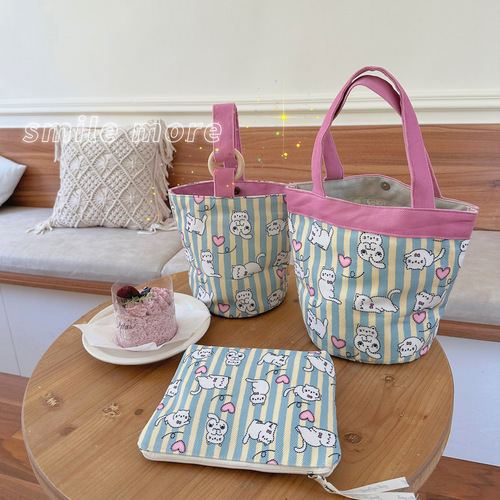 Original Design Instagram Cute Cartoon Illustration Hand-Tied Wooden Ring Water Bucket Mama Bag Colorful Contrast Student Bento Lunch Box Bag