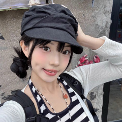 日系复古亚麻褶皱设计贝雷帽女早秋薄款百搭显脸小鸭舌报童帽子潮