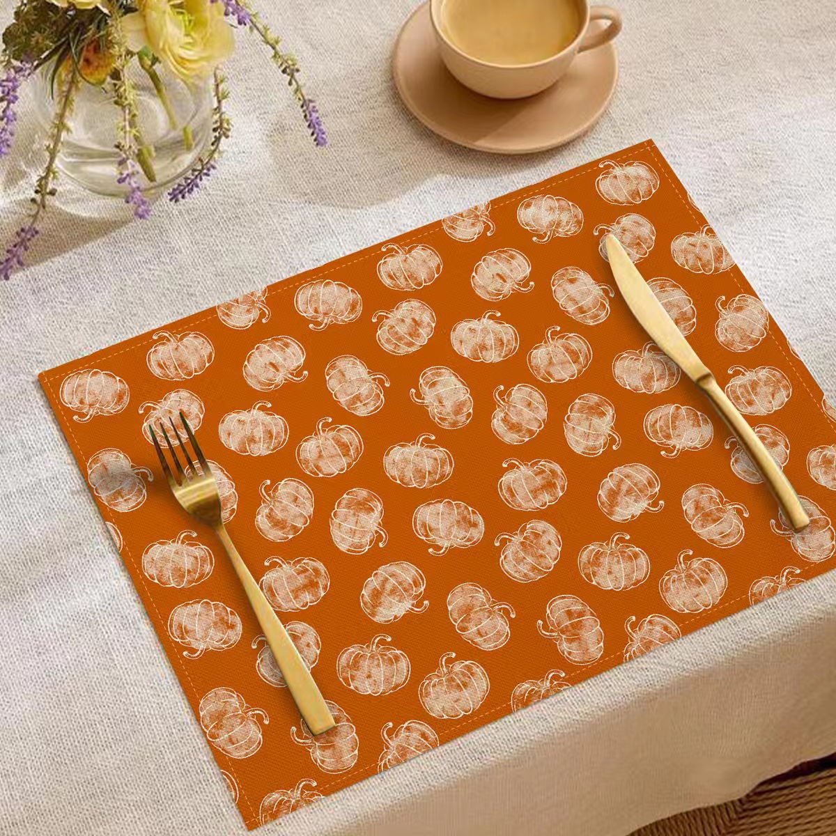 Transfronterizo temu explosión Día de Acción de Gracias otoño calabaza lino estampado conjunto lino estampado mesa de restaurante