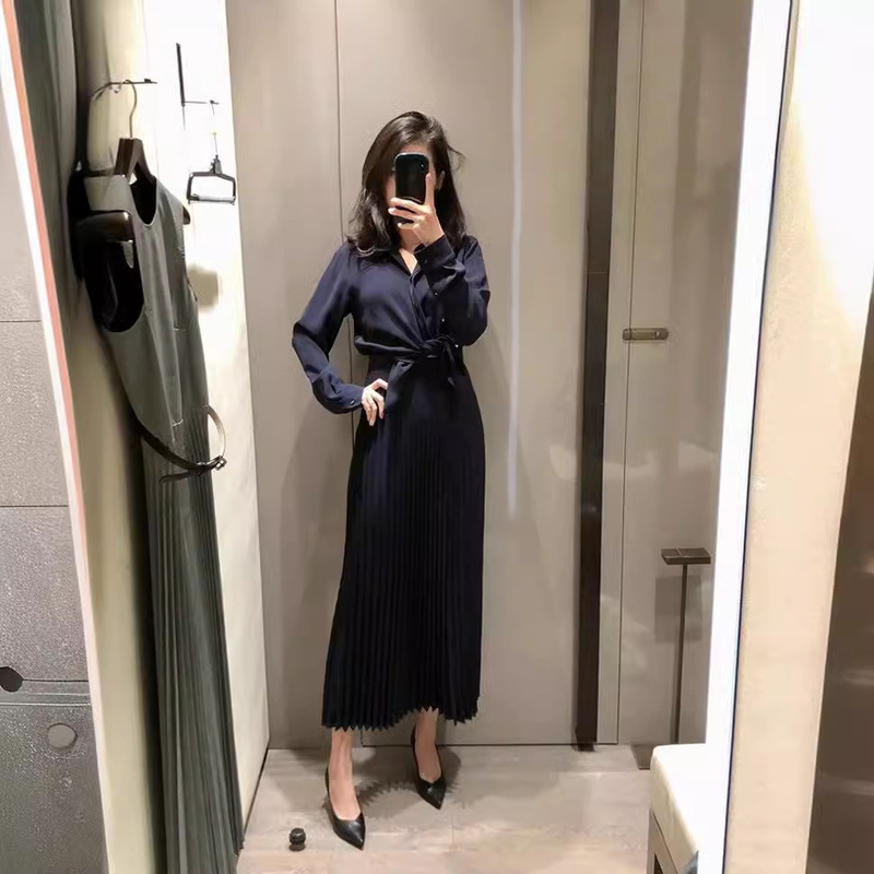 Max SS new Pure yuan heavy triacetate slim waist pleated fake two-piece long sleeve dress women
