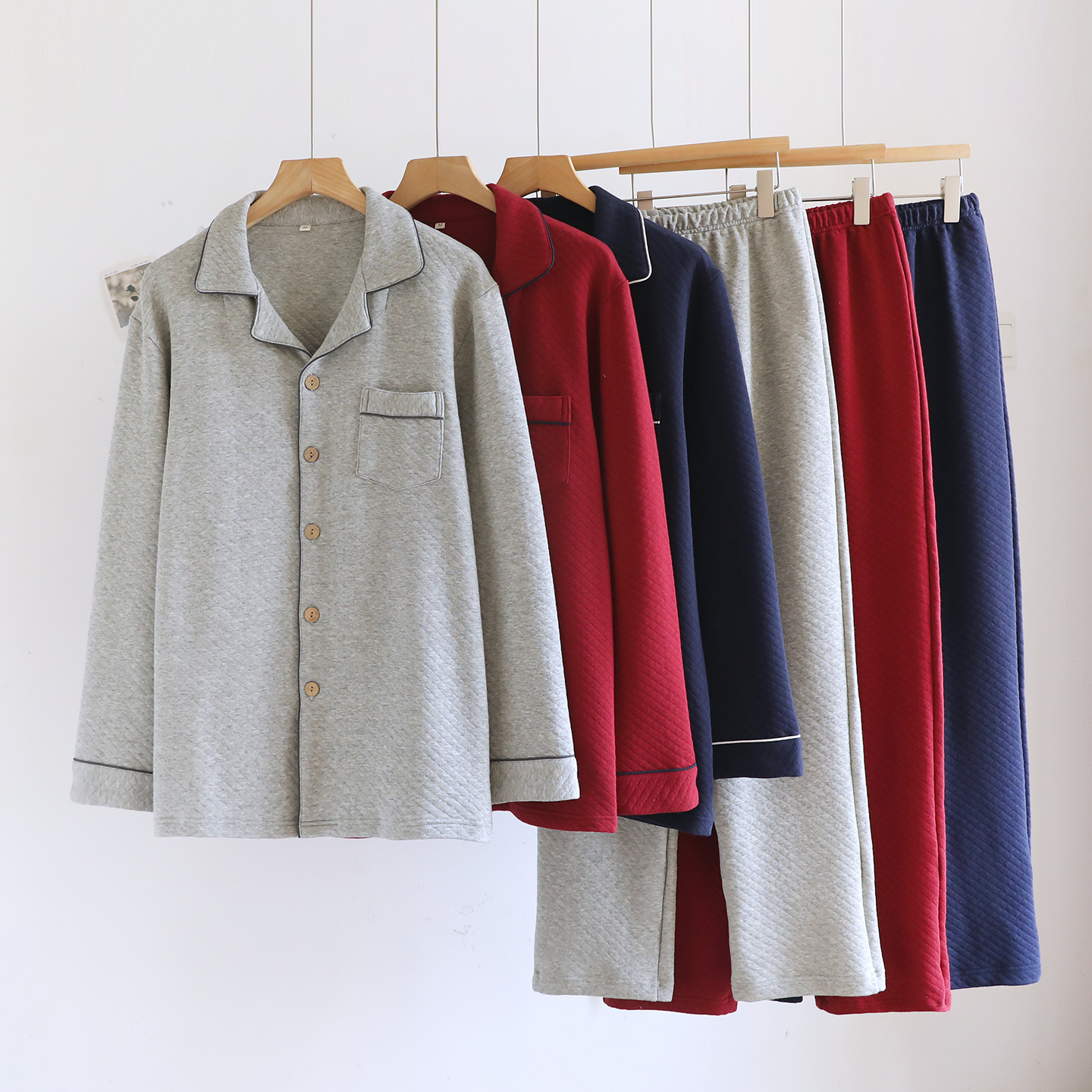 Japanese-Style Men's Pajamas Autumn and Winter Quilted Pure Cotton Air Cotton Medium-Thick Winter Warm Loose Plus-Size Home Wear Set