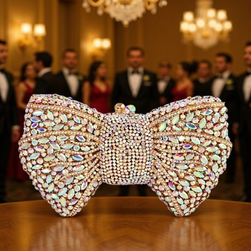 Bow Crystal Clutch Cross-Border Bow Diamond Evening Bag Cut Out Full Diamond Clutch Bag Banquet Women's Bag