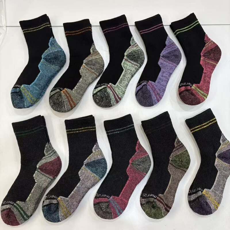 80% Merino Wool Socks, Purple, Mid-Calf, Thick Terry-Lined, Warm, for Mountaineering, Outdoor Sports, and Skiing