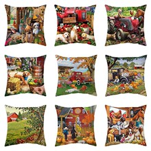 Temu跨境新款复古动物农舍枕头套抱枕套数码印花沙发靠枕床上用品