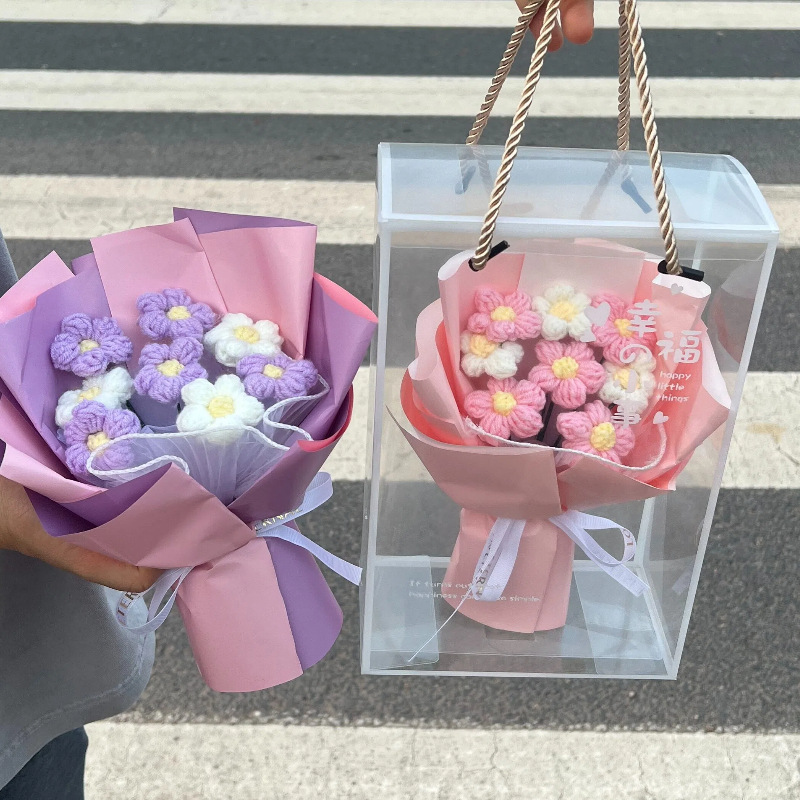 Regalos del día de San Valentín ganchido a mano flor de imitación puff lana ganchido ramo caja de regalo de enfermería para enviar al personal de novia
