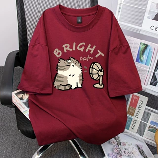 纯棉短袖上衣时尚洋气休闲运动风宽松卡通猫猫印花清新T恤男女夏