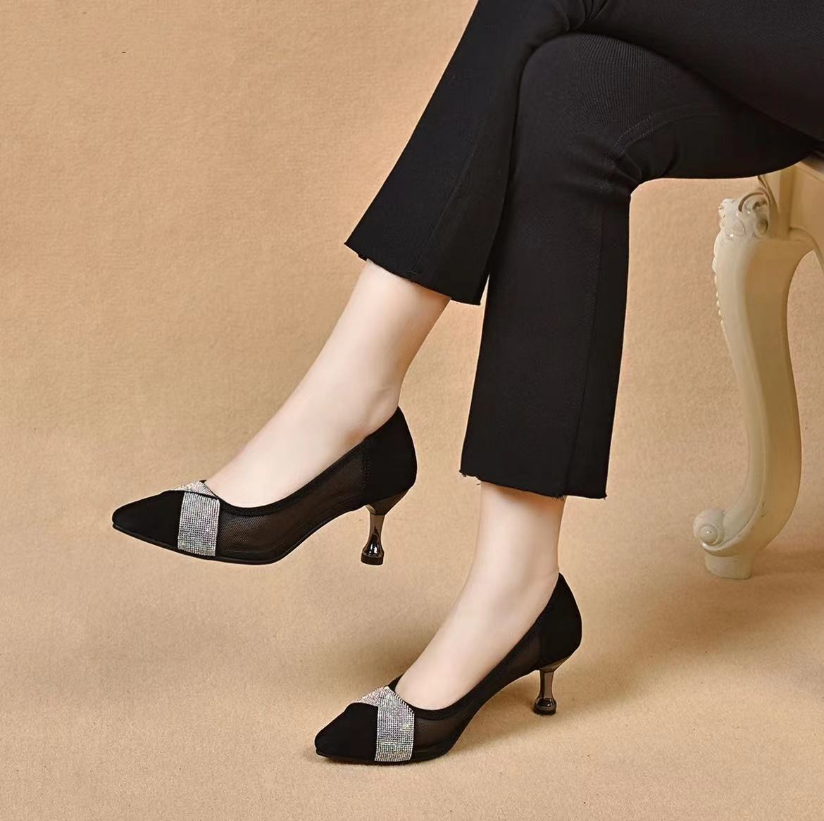 Giày da nữ mũi nhọn gót thấp 3 cm, kiểu hở mũi lưới thoáng khí — Gót thấp màu đen (3 cm) chi tiết 6